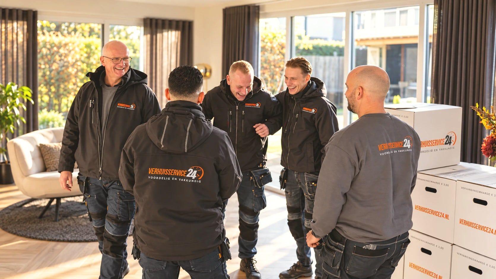 Het team van Verhuisservice24 tussen de verhuisdozen in een woonkamer