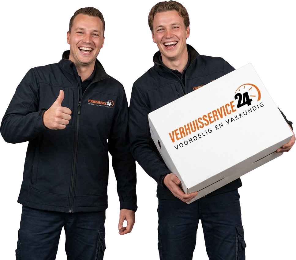 Twee verhuizers van Verhuisservice24 met een verhuisdoos, duim omhoog