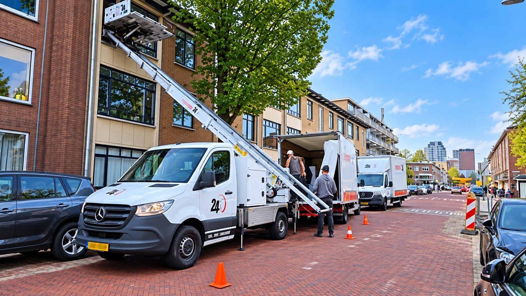 Verhuislift van Verhuisservice24 uitgeschoven bij een woning, met het team aan het werk